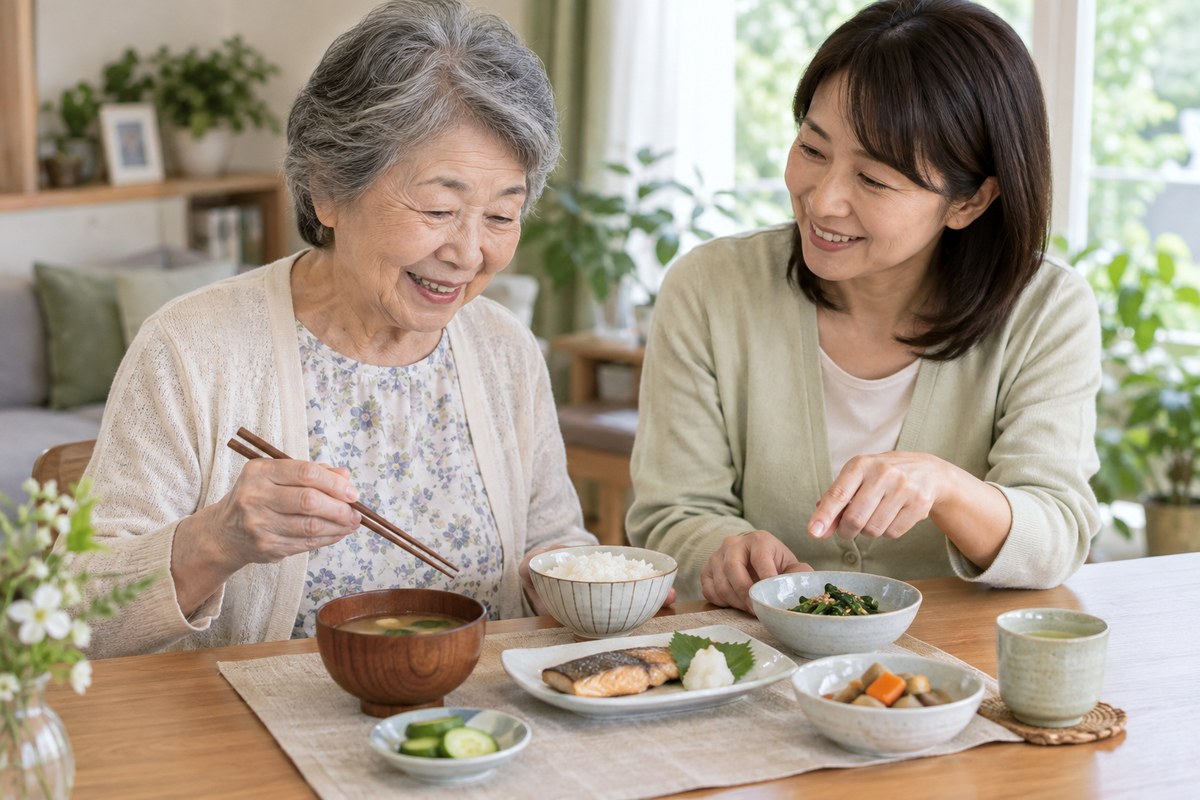 高齢女性が家族と自宅の食卓で食事内容を確認する