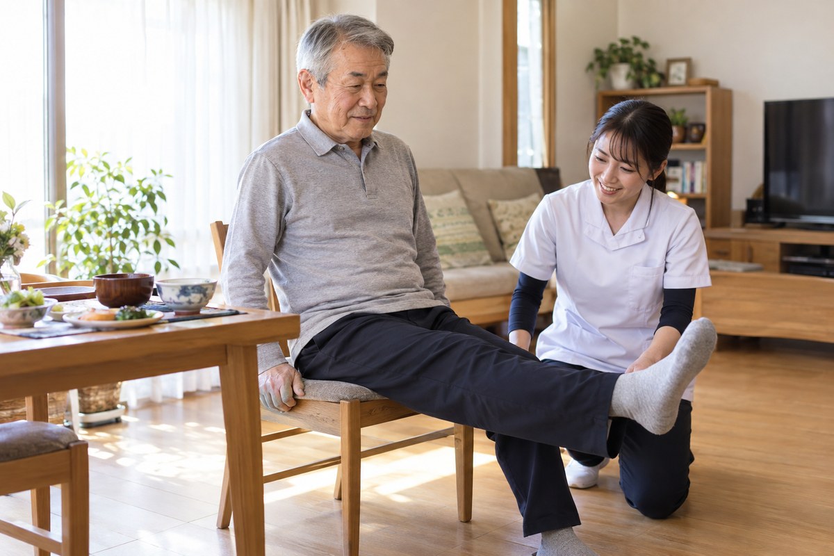 高齢者が支援者の見守りで椅子を使った安全な脚の運動をする