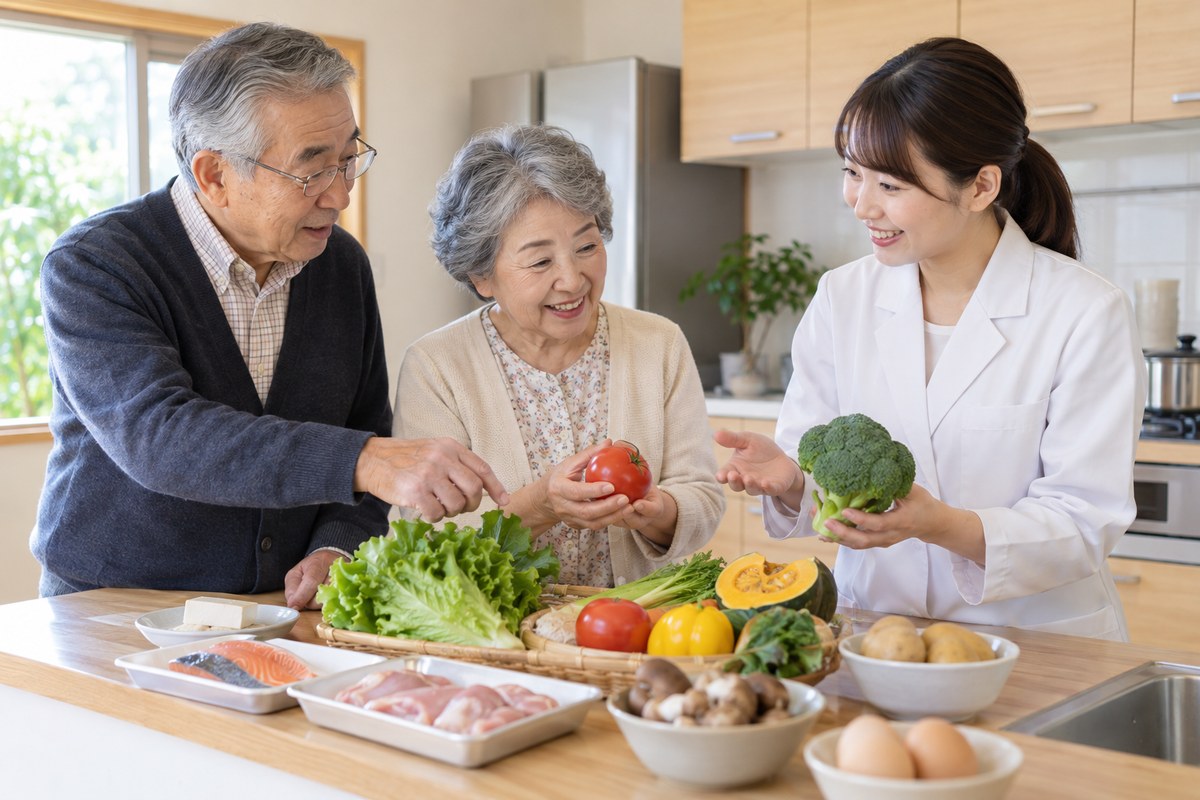 高齢者と家族、栄養の専門職が台所で食材を相談する