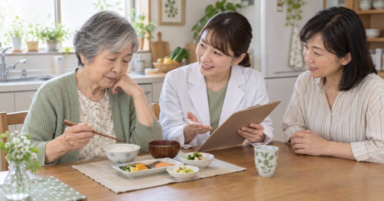 食事量が減った高齢女性が家族と栄養の専門職に自宅で相談する