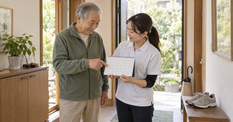 パーキンソン病の高齢男性が支援者と自宅で活動計画を確認する