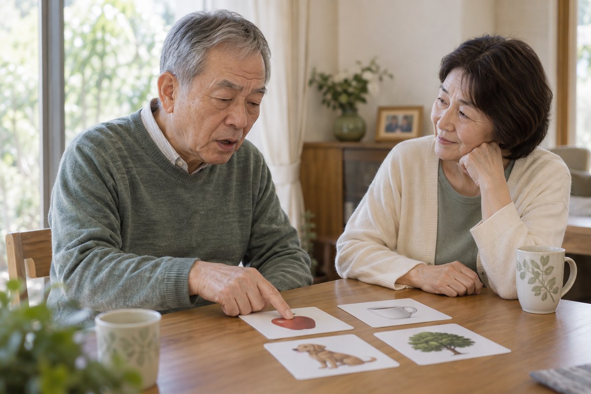 失語症のある高齢者が家族と自宅の食卓で会話練習をする