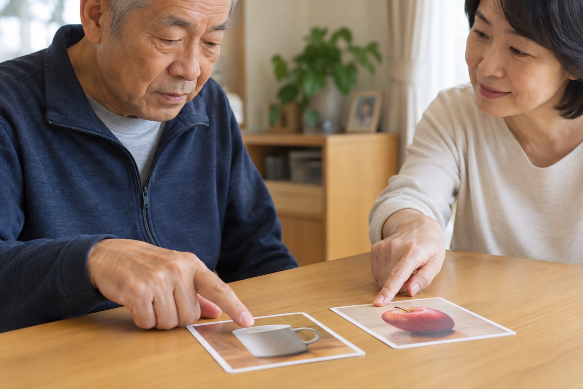 家族が二つの写真カードを示し本人の選択を待つ