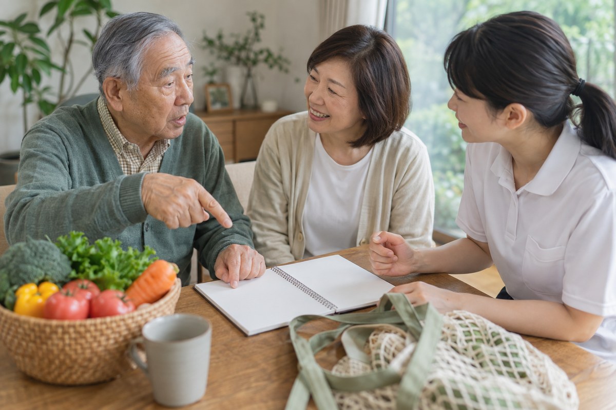 本人と家族、支援者が買い物の予定を身振りを交えて相談する