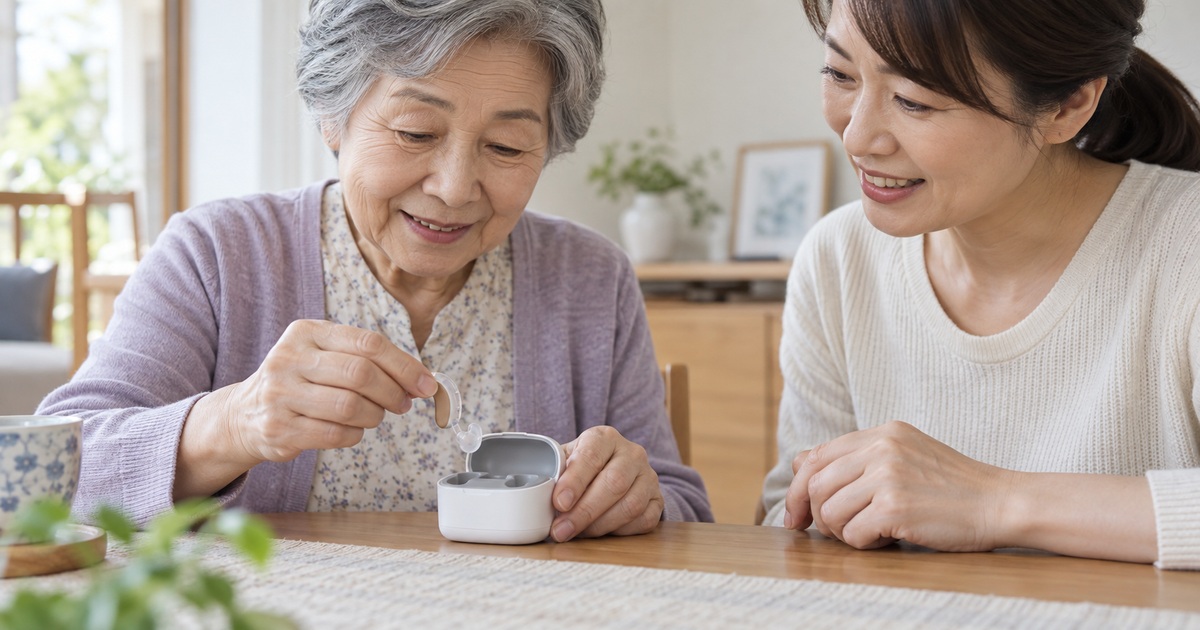 高齢女性が家族と明るい机で補聴器を充電ケースに入れる方法を確認する