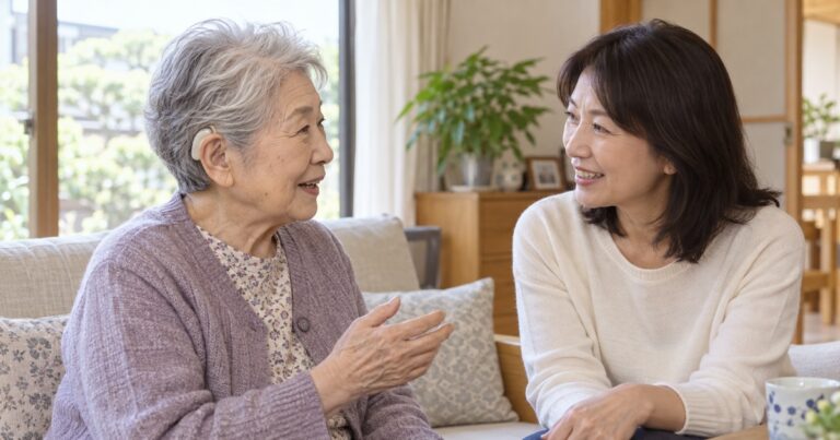 耳かけ型補聴器を着けた高齢女性が自宅で娘と向かい合って会話する