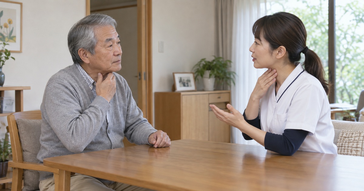 高齢男性が足を床につけて座り専門職と飲み込みや姿勢について相談する
