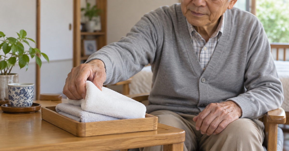 高齢男性が手の届くテーブルの箱から清潔なティッシュを取り出す