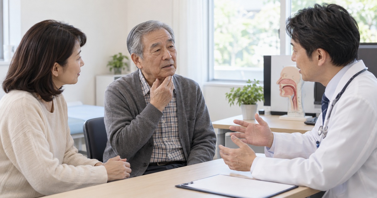 高齢男性と家族が診察室で医師によだれや飲み込みの症状を相談する