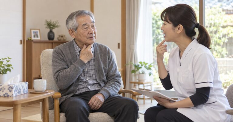 よだれの生活上の困りごとを専門職と相談する椅子に座った高齢男性