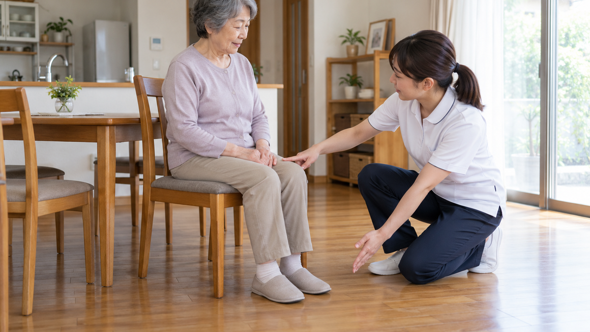 椅子の高さと足の位置を高齢者と専門職が自宅で確認する場面