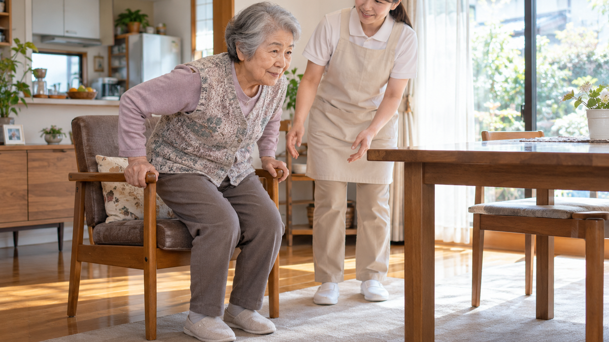 肘掛けに手を添えて椅子から立ち上がる高齢者と近くで見守る支援者