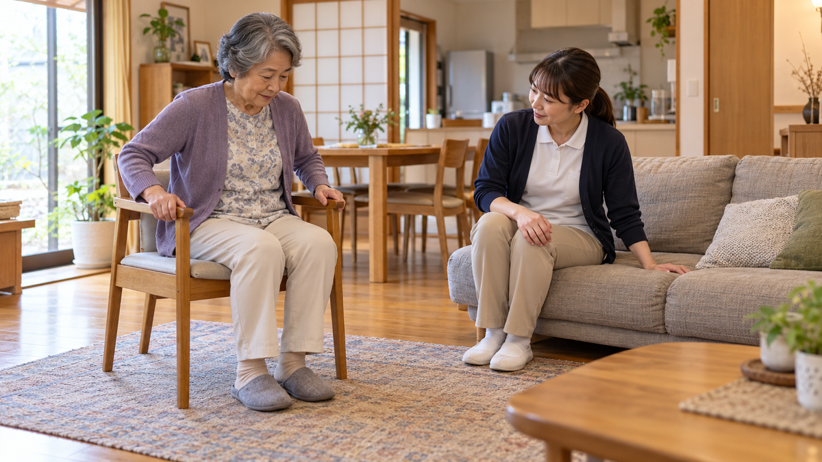 安定したダイニングチェアと低いソファを見比べる高齢者と専門職
