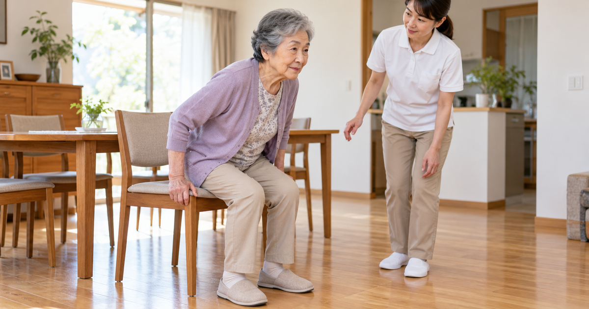 自宅の安定した椅子から立ち上がる高齢者を専門職が近くで見守る場面