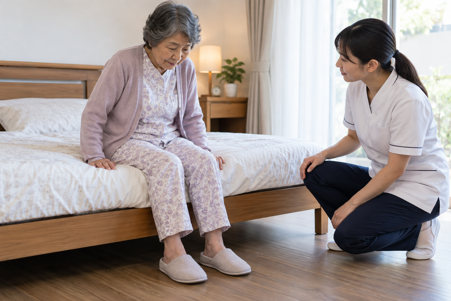 ベッド端に安定して座り足を床につけて立つ前に一呼吸置く高齢者