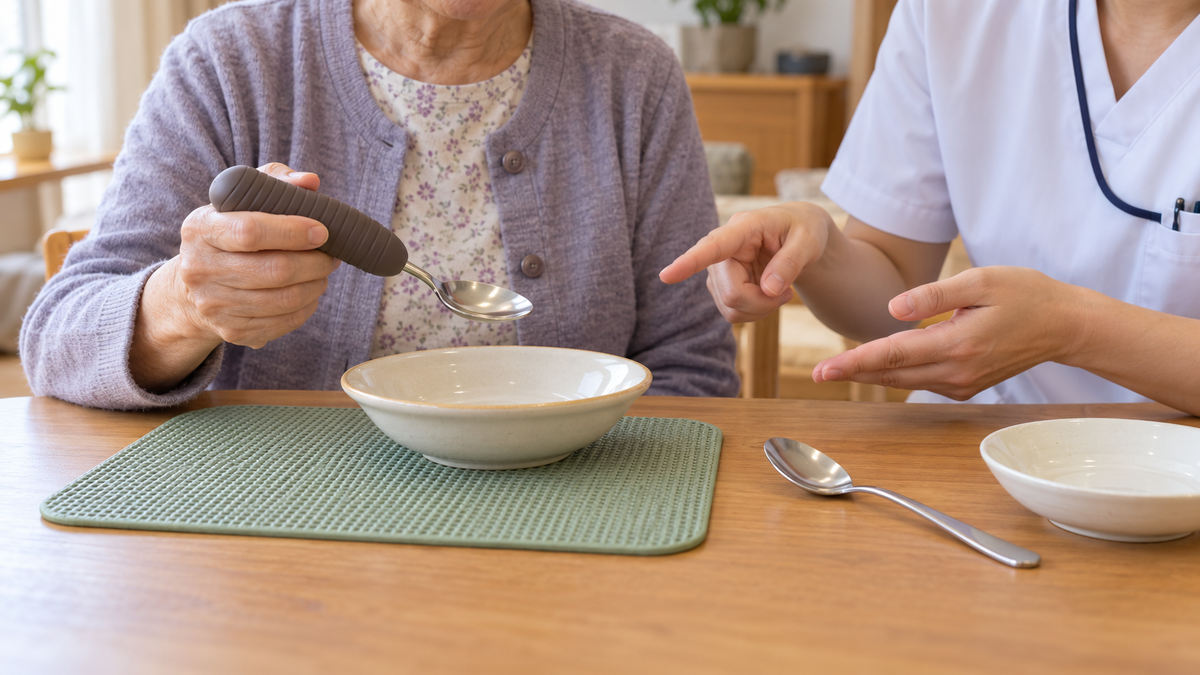 太い柄のスプーンと滑り止めマットを食卓で比べる様子