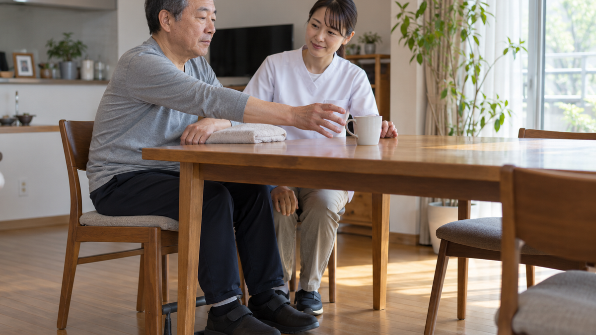 椅子に安定して座り腕を支えながらコップに手を伸ばす練習場面