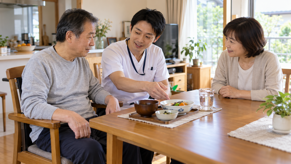 本人と家族と作業療法士が自宅の食卓の配置を一緒に確認する場面