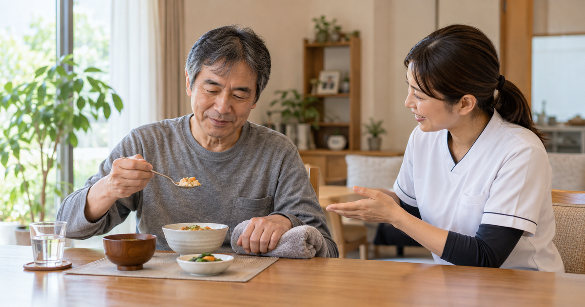 自宅の食卓でスプーンを使う脳卒中経験者と食事動作を相談する作業療法士