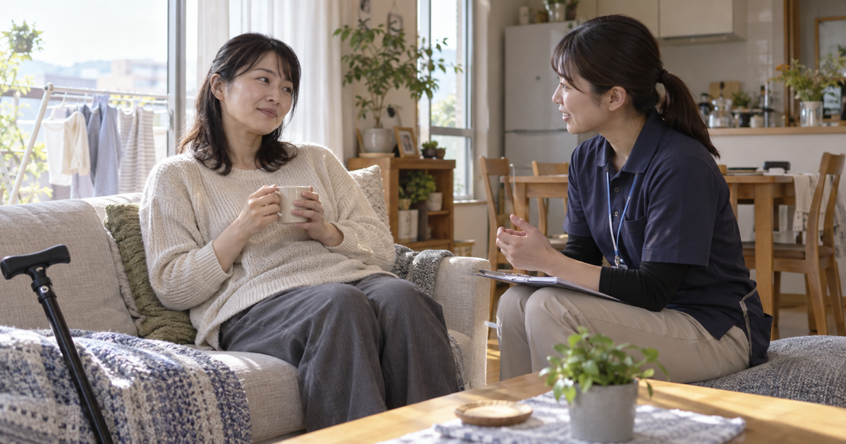 多発性硬化症の女性が家事の合間に座って休み作業療法士と活動量を調整している