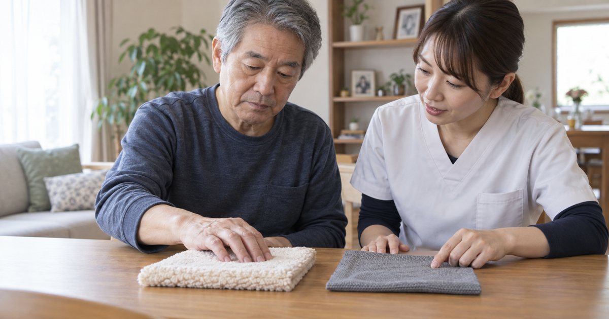 脳卒中後の男性が作業療法士の見守りのもと布の触感を手で確かめている