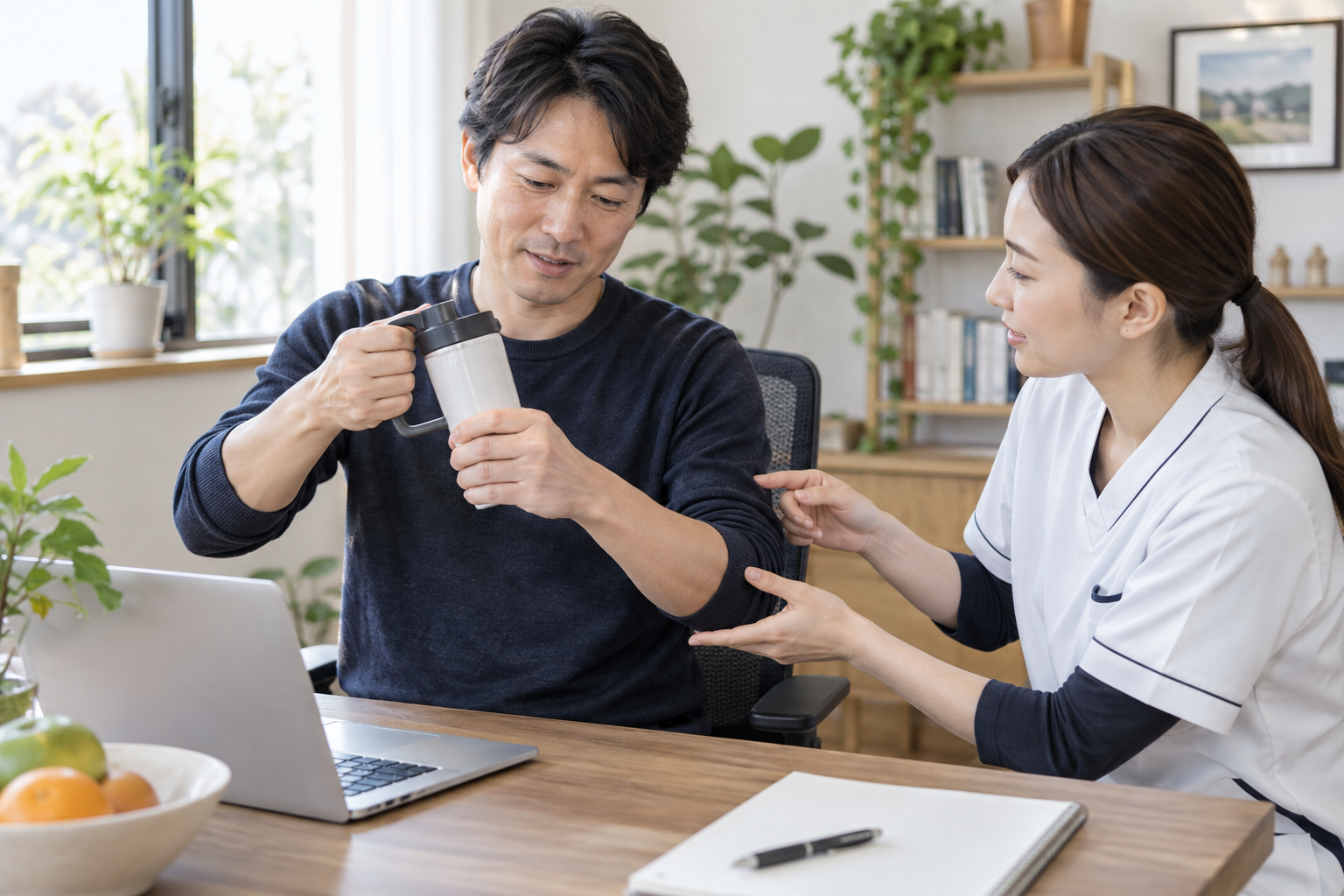 マグカップの持ち方と肘への負荷を専門職と確認する人