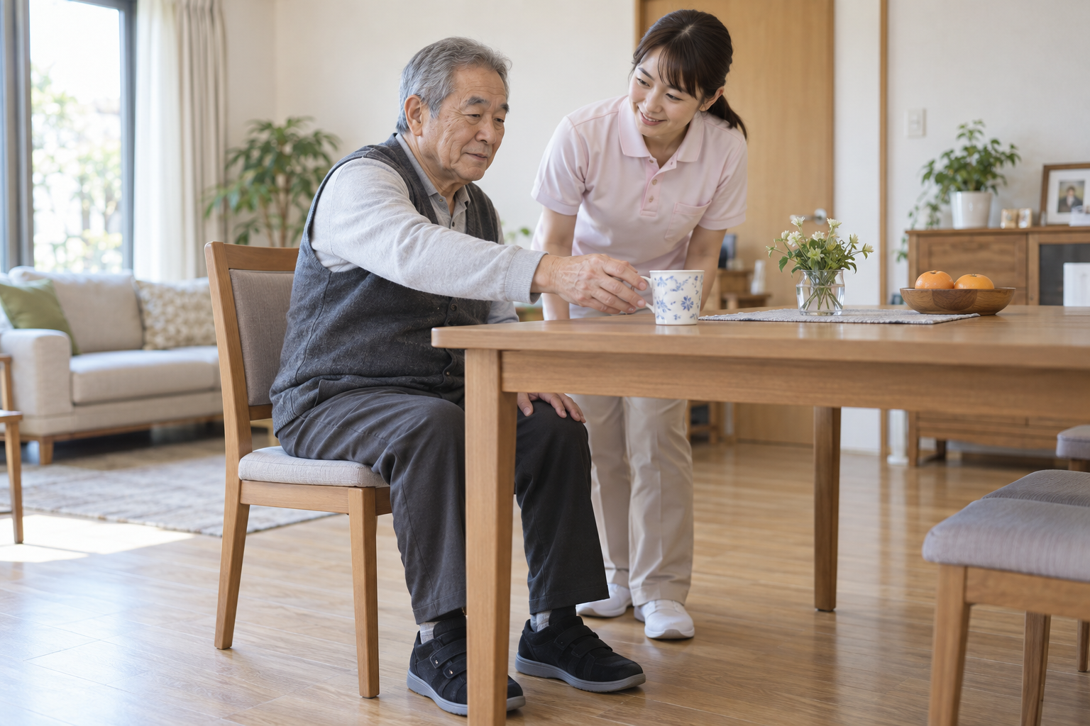 安定した椅子に座り見守りのもとでテーブルのカップへ手を伸ばす高齢者