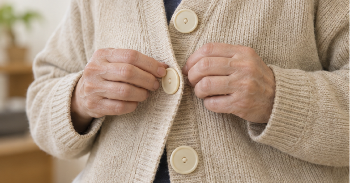 大きなボタンの衣服を留める手元