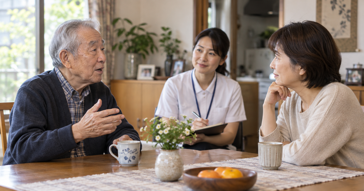 高齢男性が自宅の静かな食卓で家族と向かい合って会話している