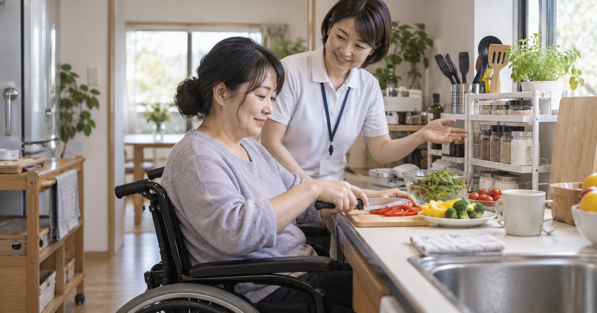 多発性硬化症の女性が座って調理し使う物を手の届く範囲に配置している