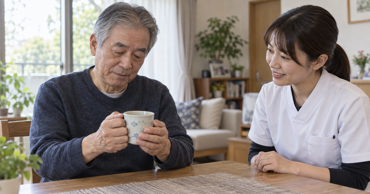 脳卒中後の男性が目で手元を確かめながらカップを持っている
