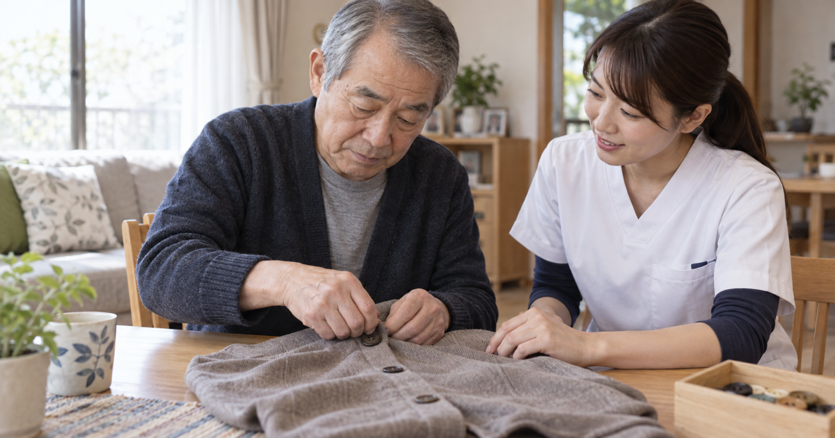 脳卒中後の男性がテーブル上の衣服でボタン留めに取り組んでいる