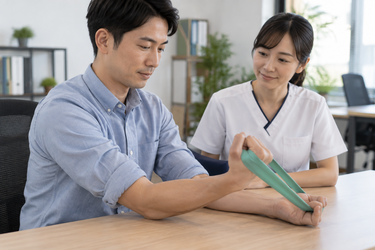 肘への負荷を調整しながら前腕の運動を行う人と専門職