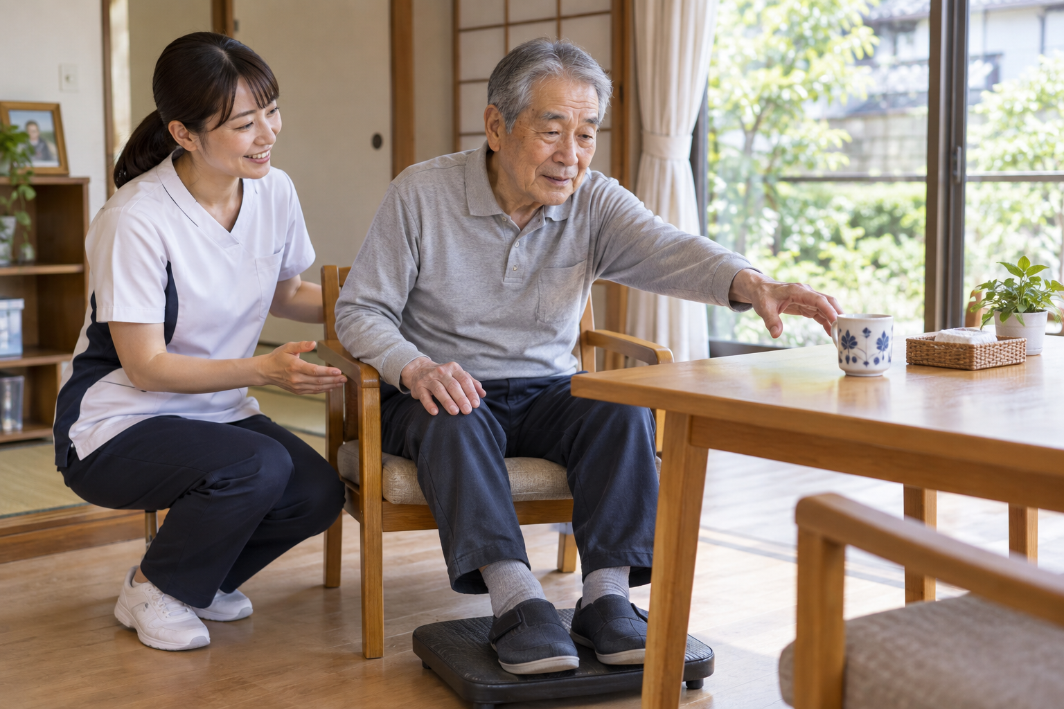 足を床につけて座り日用品へ手を伸ばす練習を専門職が見守る様子
