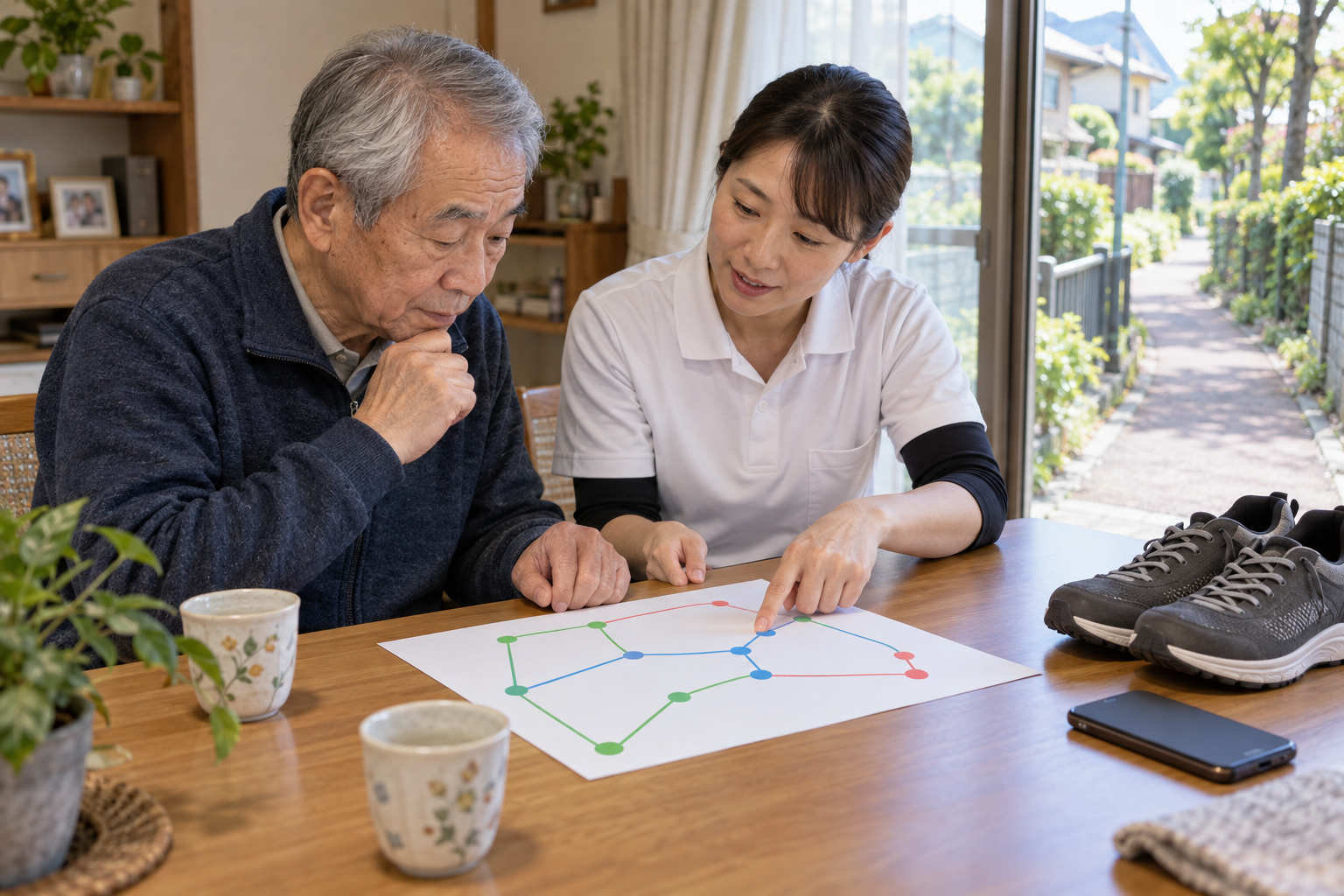 脳卒中後の生活に合わせて安全な歩行ルートを作業療法士と計画する様子
