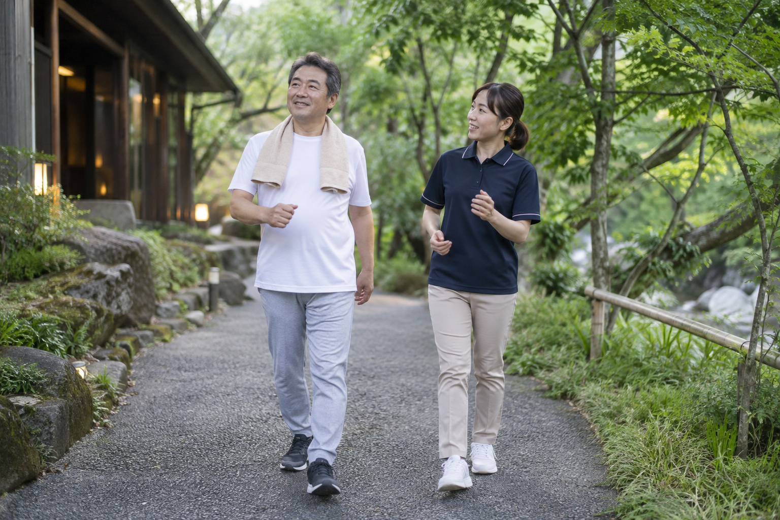 温泉施設の近くで無理のない歩行運動を行う人と支援者