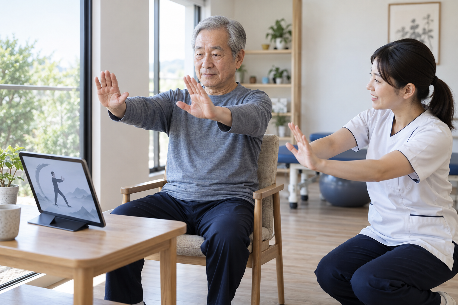 タブレットを参考に座位で上肢運動を行う高齢者と支援者