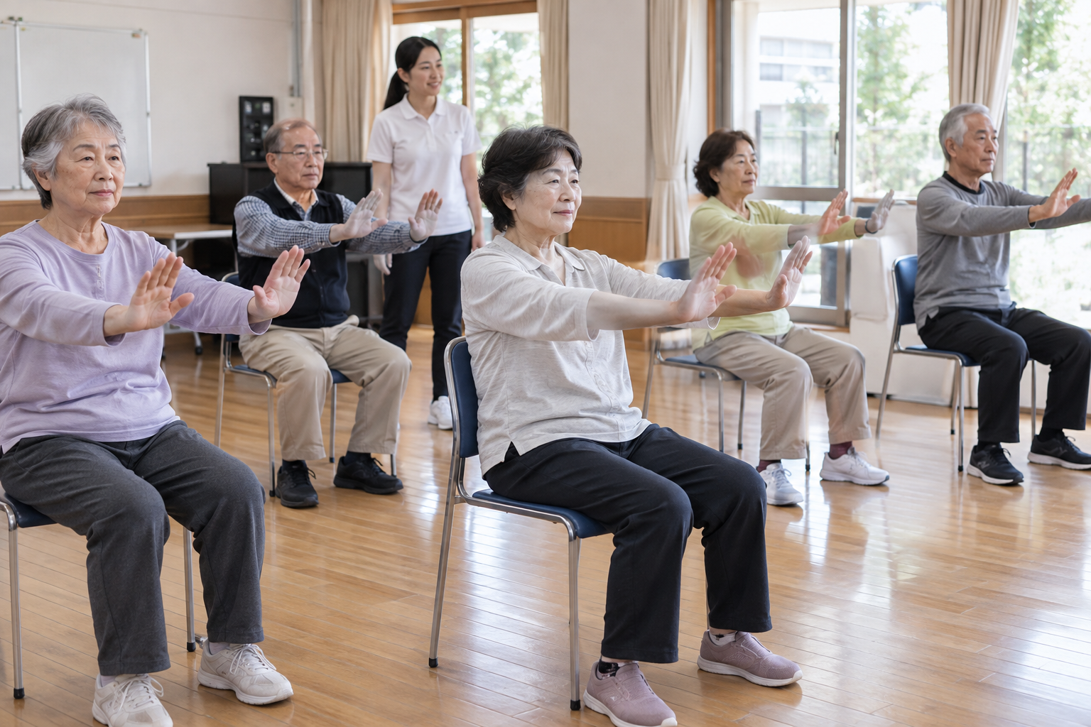 椅子に座った高齢者が安全に腕を動かす集団運動の場面