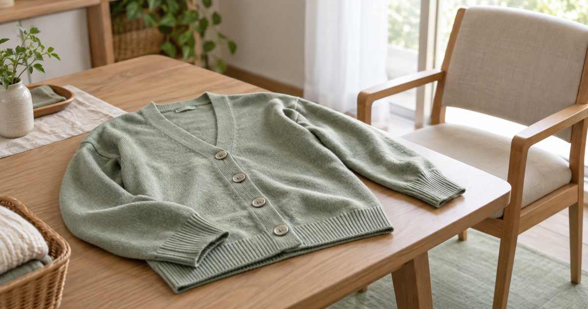 着替えの準備として机に広げた前開きのカーディガンと安定した椅子