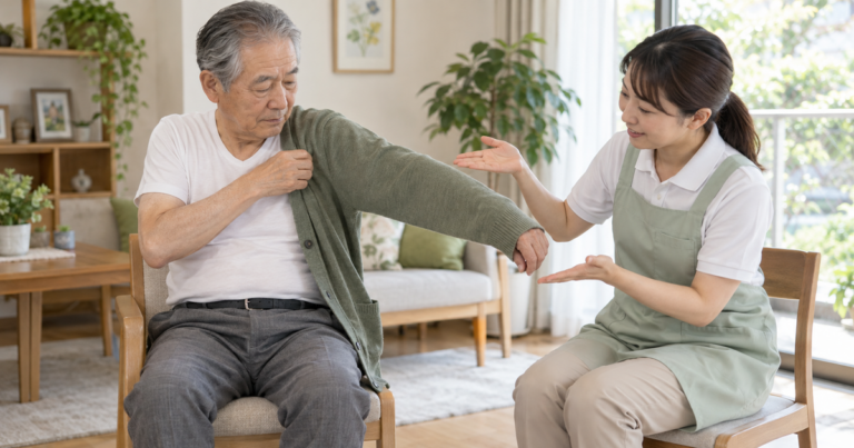 安定した椅子に座る高齢男性が支援者の見守りでカーディガンの袖に腕を通す