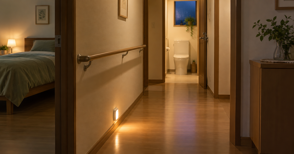 寝室からトイレへの見通しのよい廊下を足元灯が照らしている