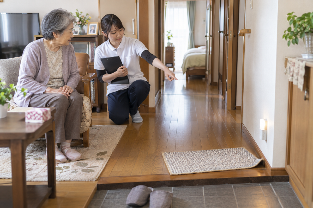 作業療法士と高齢者が自宅の段差や敷物を確認する場面