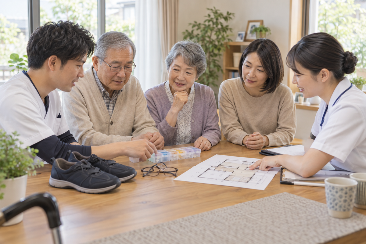 高齢者と家族が医療・介護専門職と服薬や視力や履物を確認する場面