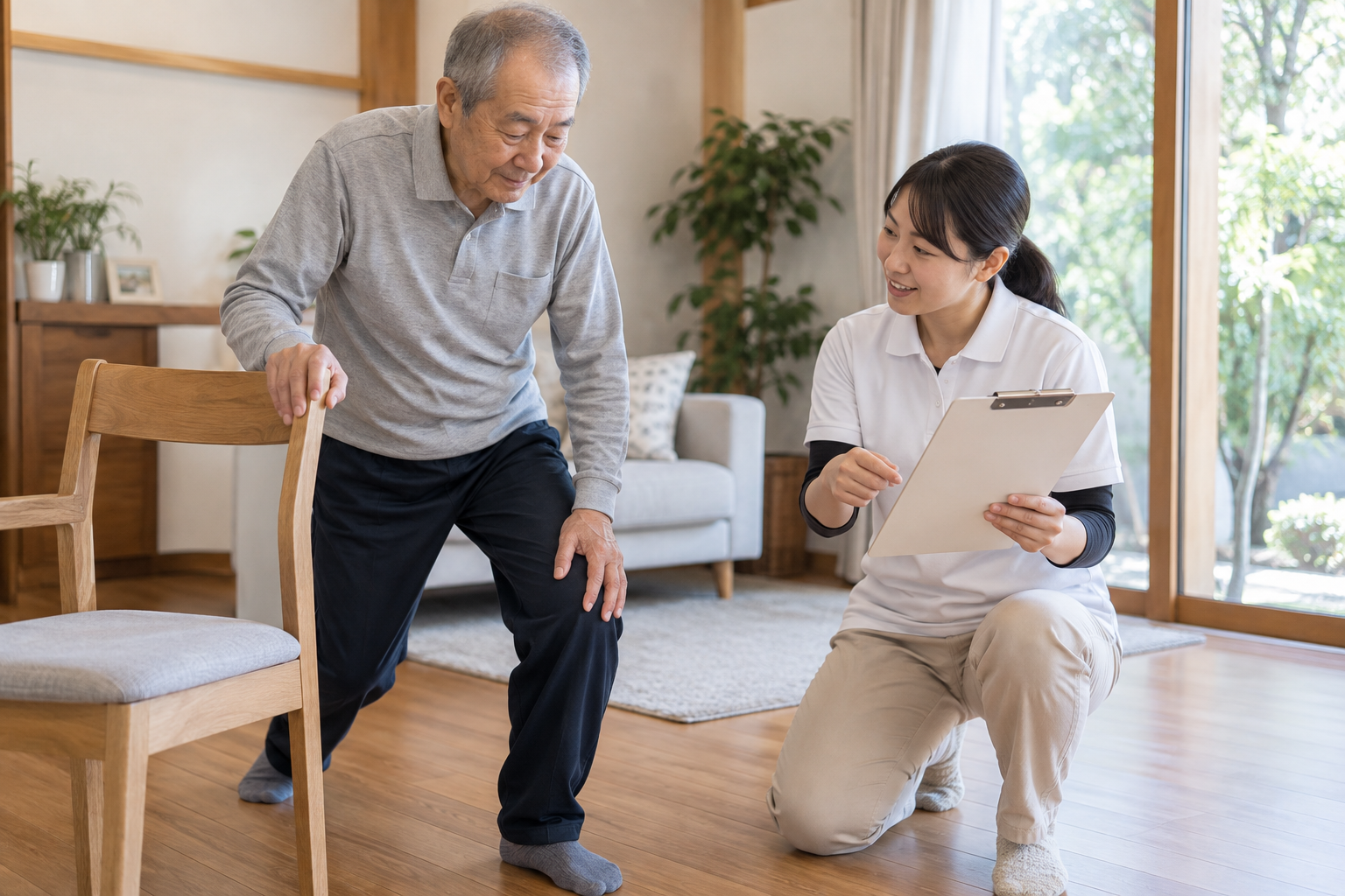 自宅で生活動作の変化と予定を作業療法士と話し合う場面