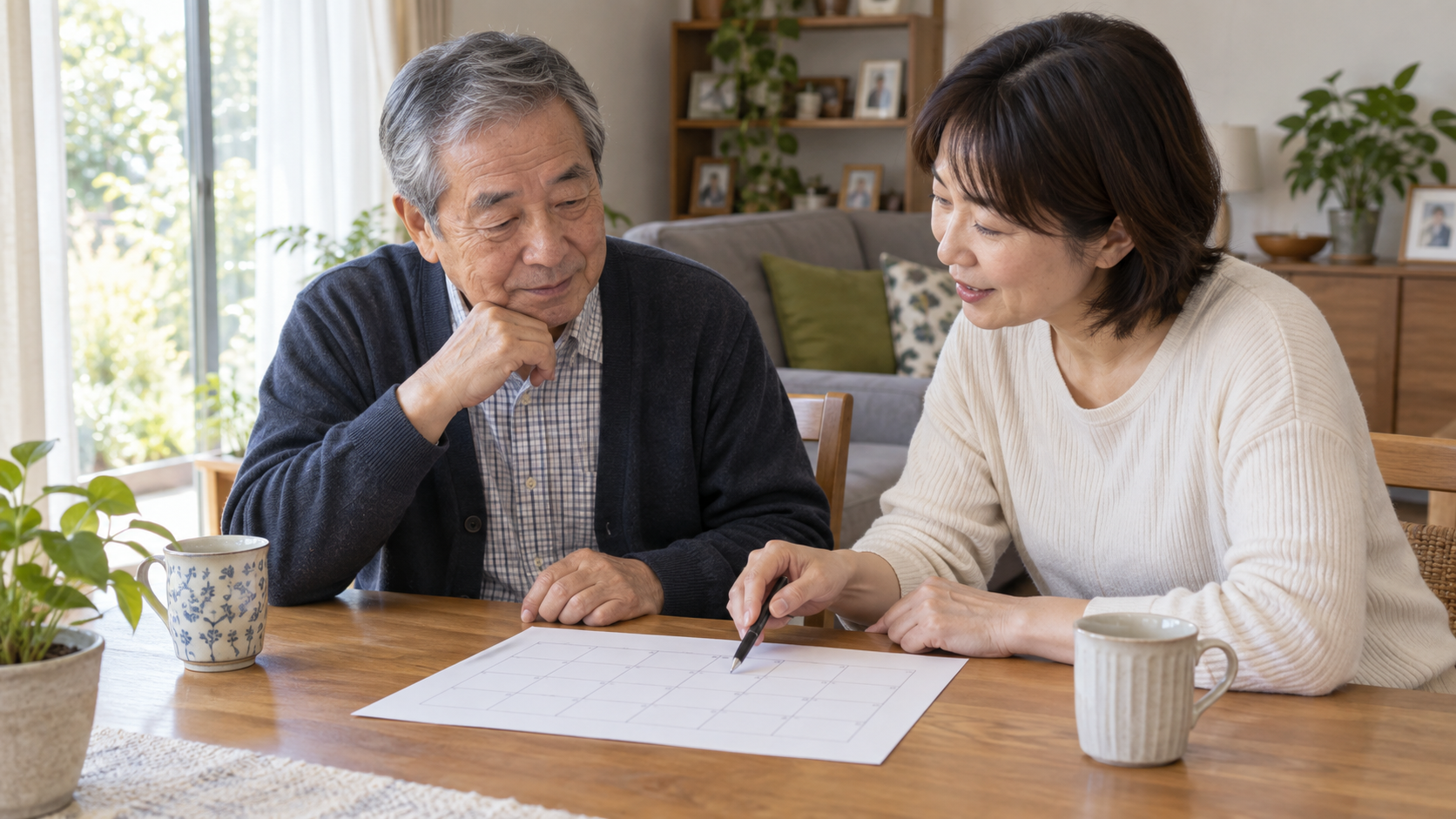 家族と自宅で生活動作の予定を確認するパーキンソン病の高齢者