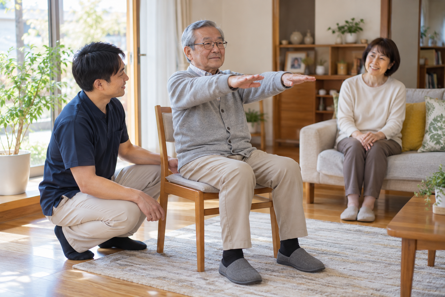 椅子に座って安全な動作を作業療法士と確認する高齢者