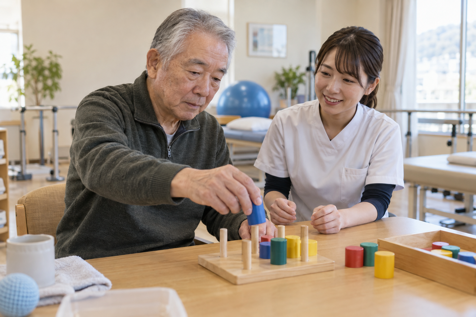 パーキンソン病のある高齢者が木製課題で手の操作を練習する場面