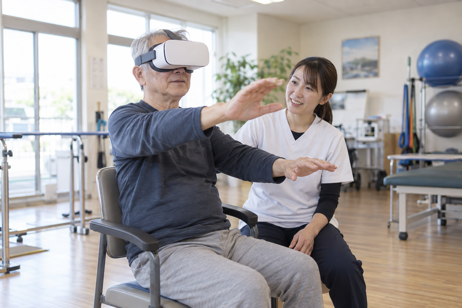 座位でVR機器を使い上肢運動を行う高齢者と見守る支援者