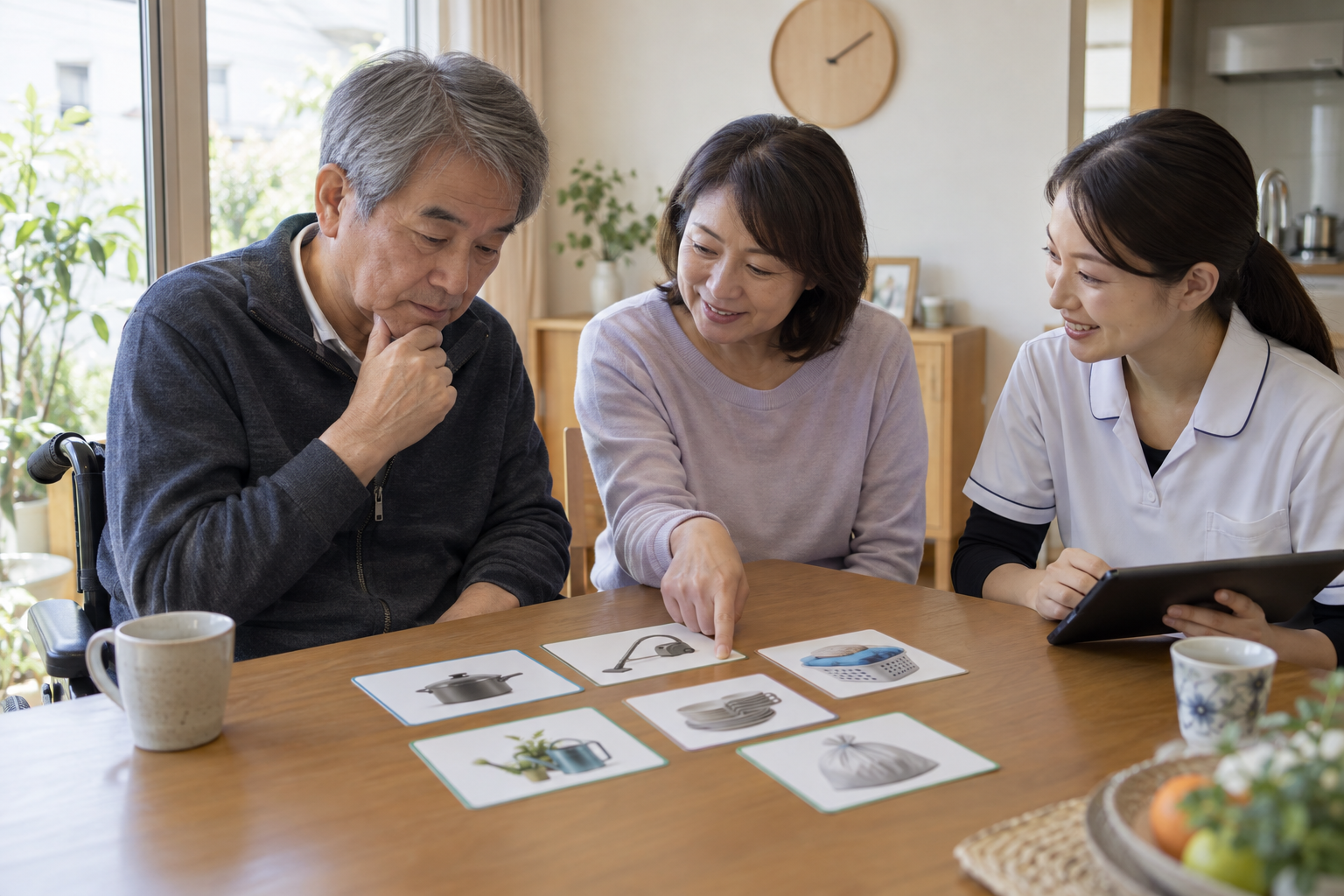 家族と作業療法士が家事の分担や休息を話し合う場面