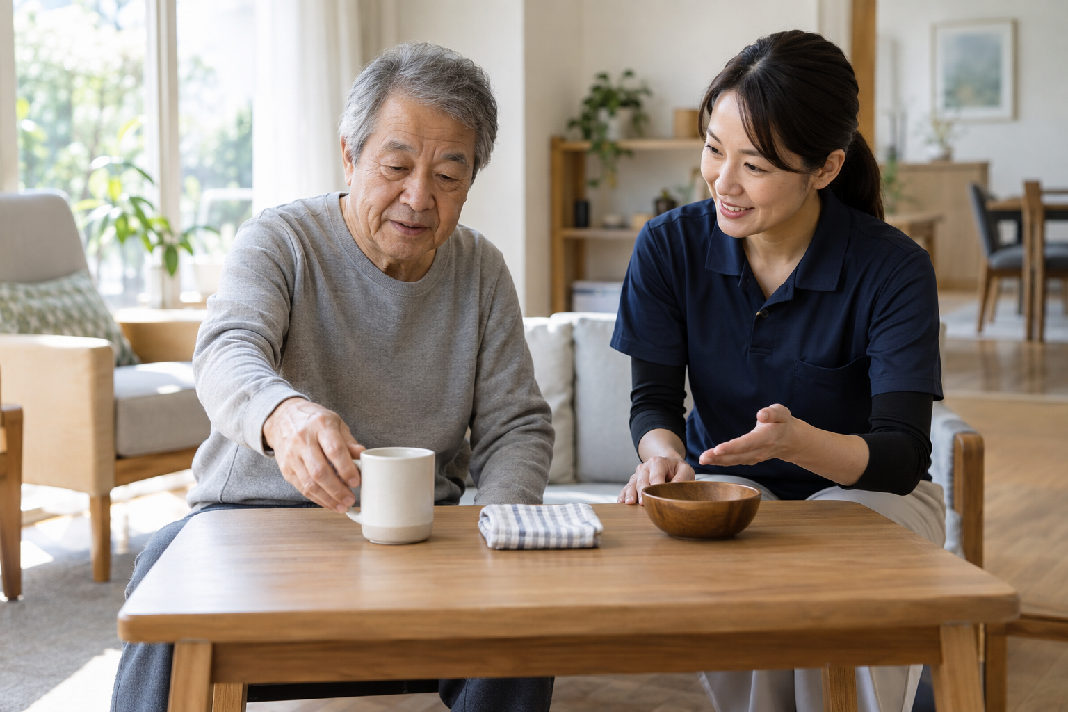 自宅で作業療法士と日常活動の順番を相談する脳卒中経験者